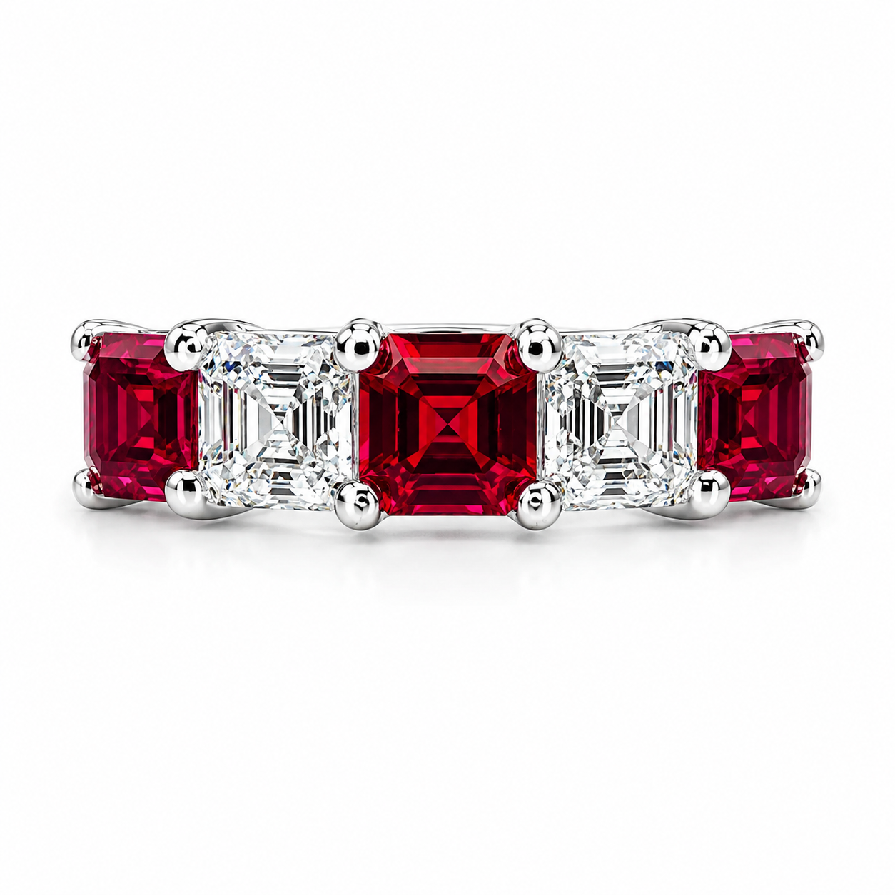 Ruby wedding band 14k solid gold, 5 stone asscher cut ruby band ring, July birthstone ring, ruby stacking rings, minimalist ruby ring, #6064