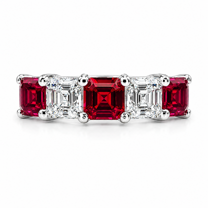 Ruby wedding band 14k solid gold, 5 stone asscher cut ruby band ring, July birthstone ring, ruby stacking rings, minimalist ruby ring, #6064