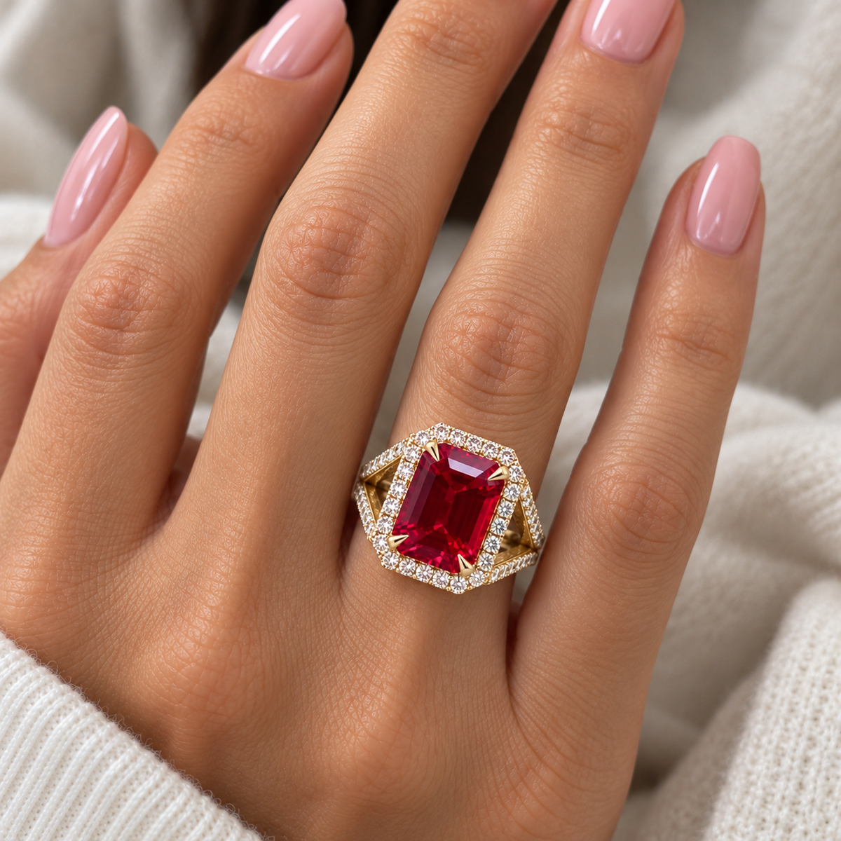 Emerald Cut Ruby and Moissanite Engagement Ring 14K Yellow Gold Unique Vintage Style Emerald Cut Halo Engagement Rings Heavy Gold Ring #7481