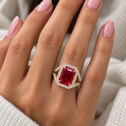 Emerald Cut Ruby and Moissanite Engagement Ring 14K Yellow Gold Unique Vintage Style Emerald Cut Halo Engagement Rings Heavy Gold Ring #7481