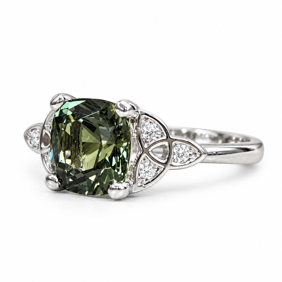 Green Sapphire Engagement Ring 14K Olive Green Cushion Cut Sapphire Celtic Engagement Ring Moissanite Celtic Gold Wedding Promise Ring #7300