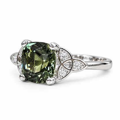 Green Sapphire Engagement Ring 14K Olive Green Cushion Cut Sapphire Celtic Engagement Ring Moissanite Celtic Gold Wedding Promise Ring #7300