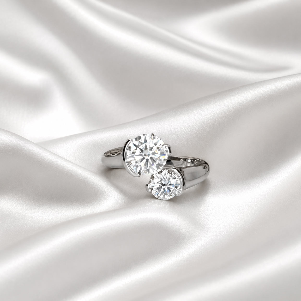 1.50 CTW Round Cut 2 Stone Lab Grown Diamond Ring 14k Solid Gold , Toi Et Moi Diamond Ring Gift For Mom , Twist Band Lab Diamond Ring #8349