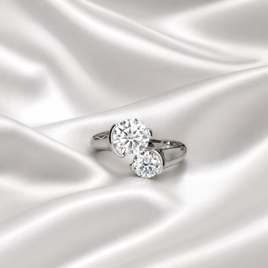 1.50 CTW Round Cut 2 Stone Lab Grown Diamond Ring 14k Solid Gold , Toi Et Moi Diamond Ring Gift For Mom , Twist Band Lab Diamond Ring #8349