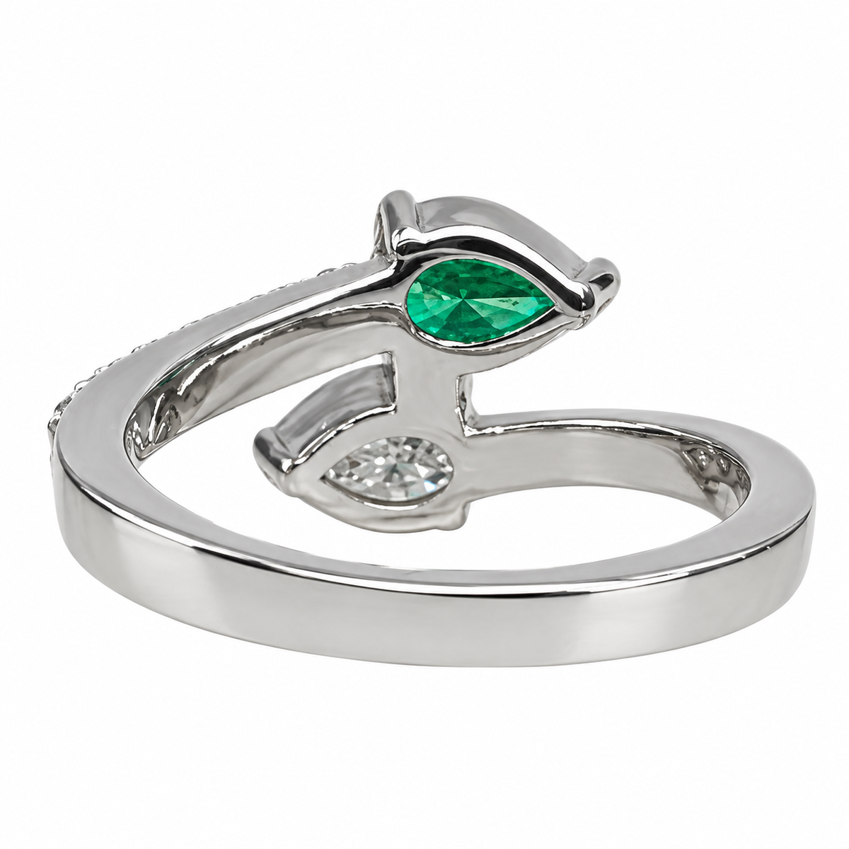 Emerald and Moissanite Pear Shape Bypass Ring White Gold Two Stone Engagement Ring For Women Birthstone Ring Unique Anniversary Rings  #7434