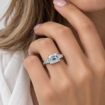East to West Emerald Cut Moissanite Engagement Ring With Tapered Baguette Diamond Side Stones in 14K Solid White Gold, or Yellow Gold #8114