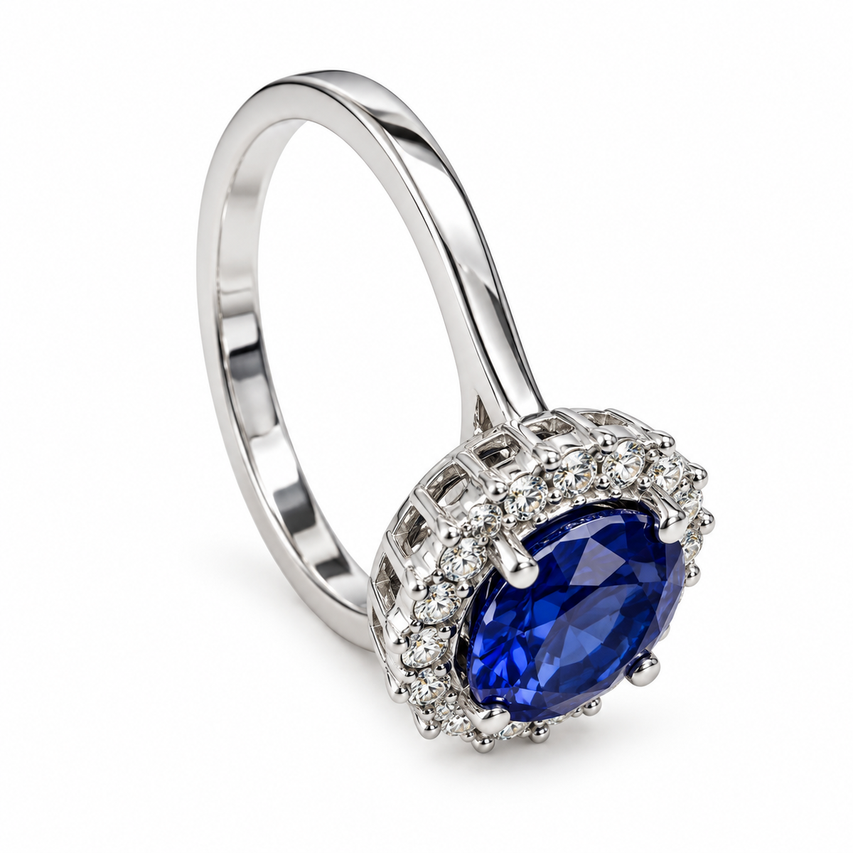 Oval Cut Blue Sapphire Engagement Ring, Diamond Halo Engagement Ring,  Moissanite Ring, 2.50ctw, 14K White Gold #6077 #6807