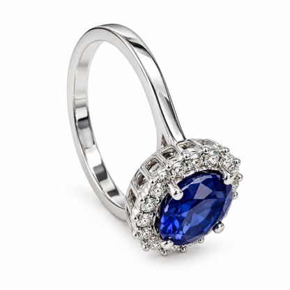 Oval Cut Blue Sapphire Engagement Ring, Diamond Halo Engagement Ring,  Moissanite Ring, 2.50ctw, 14K White Gold #6077 #6807