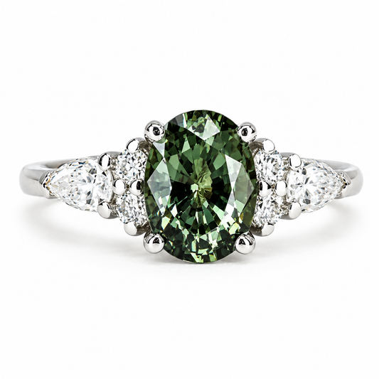 Oval Green Sapphire Engagement Ring 14K Solid Gold, Unique Vintage Oval Cluster Ring For Women, Olive Green Sapphire Engagement Rings #7207
