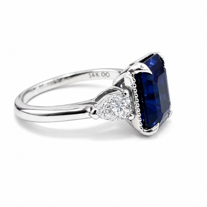 Emerald Cut Blue Sapphire Engagement Ring, Pear Lab Grown Diamonds, 14K Gold #8857