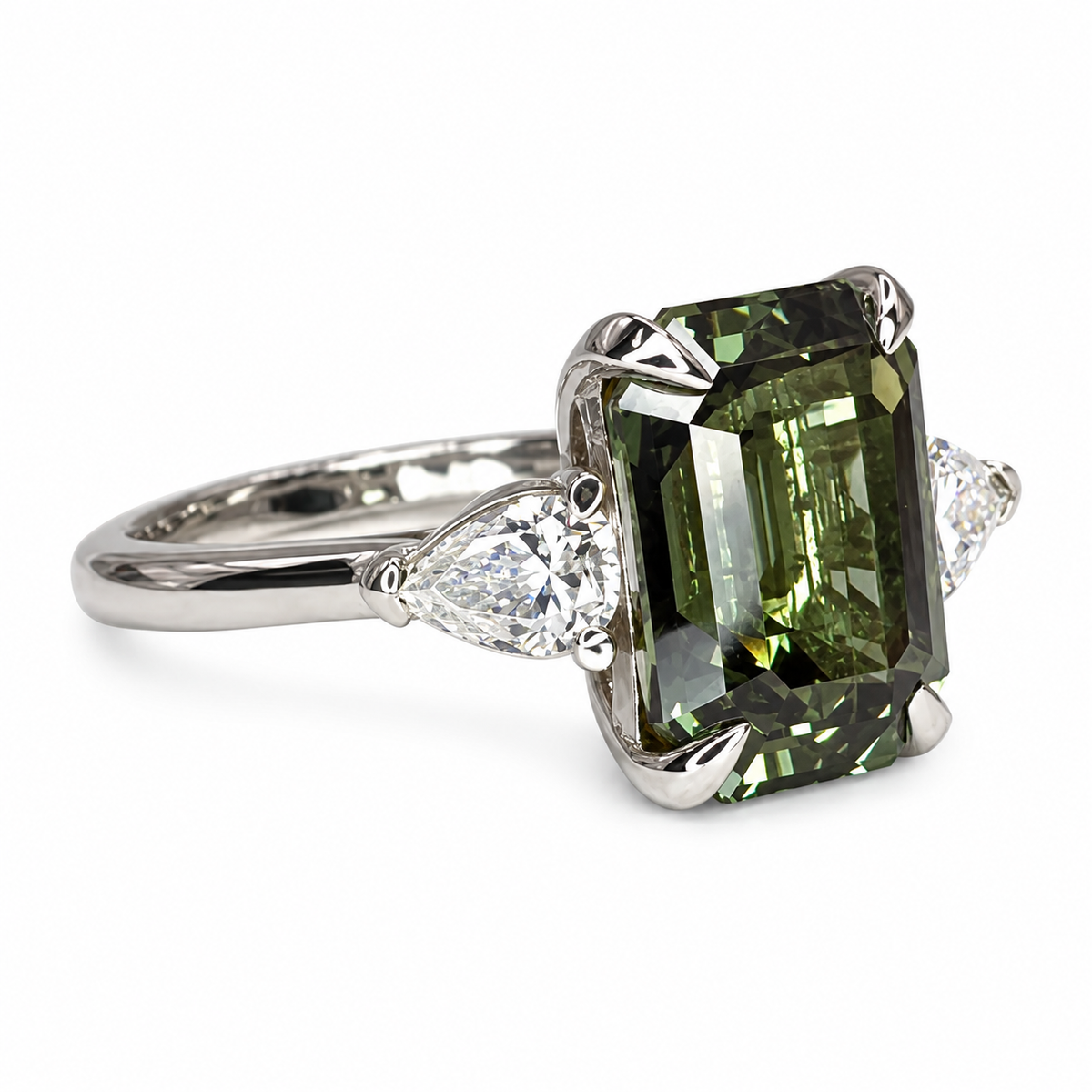 Emerald Cut Olive Green Sapphire Engagement Ring 14K White Gold Unique Vintage Olive Green Sapphire Engagement Ring Green Sapphire Ring 7245