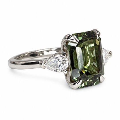 Emerald Cut Olive Green Sapphire Engagement Ring 14K White Gold Unique Vintage Olive Green Sapphire Engagement Ring Green Sapphire Ring 7245
