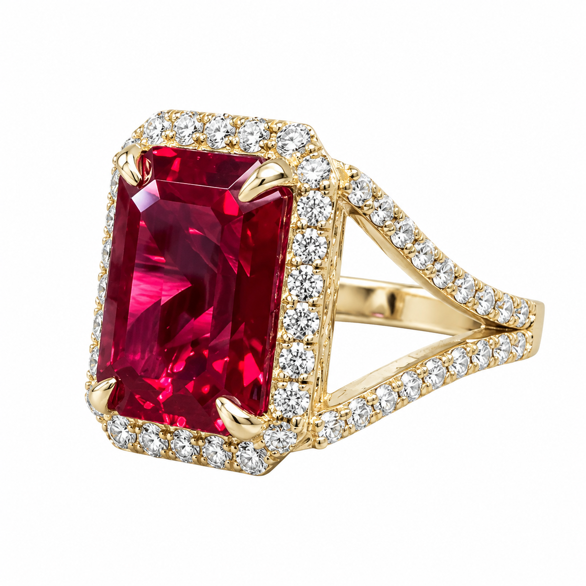 Emerald Cut Ruby and Moissanite Engagement Ring 14K Yellow Gold Unique Vintage Style Emerald Cut Halo Engagement Rings Heavy Gold Ring #7481