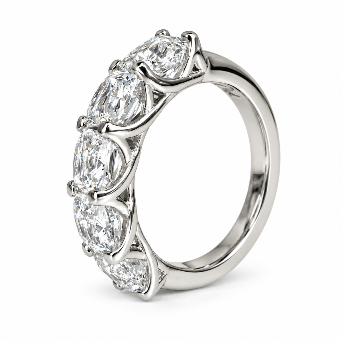 Radiant cut moissanite band, five stone square shape wedding ring, 3.75ctw, 14k white gold #6004