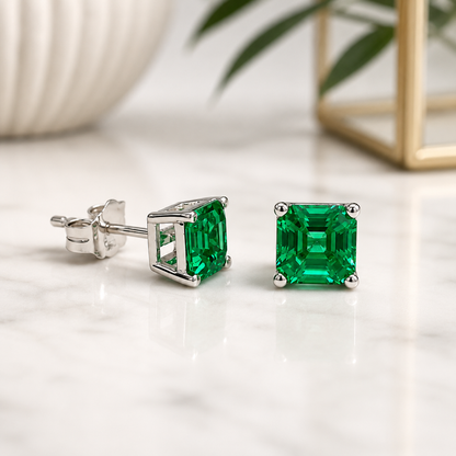May Birthstone Earrings , Ladies Earrings , Asscher Emerald Studs , 14k Gold Earrings, Mothers Day , Birthday Gift , #8841