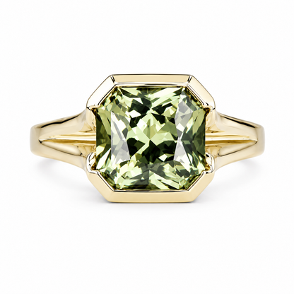 Bezel Set olive green sapphire engagement ring 14k solid gold | Half bezel green sapphire solitaire wedding ring | Promise ring