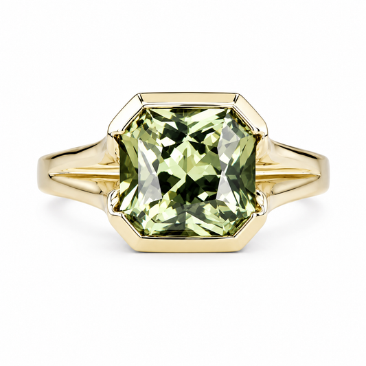 Bezel Set olive green sapphire engagement ring 14k solid gold | Half bezel green sapphire solitaire wedding ring | Promise ring