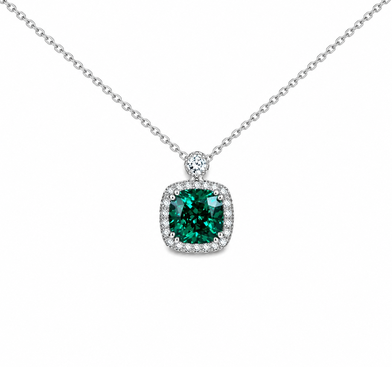 Cushion Cut Necklace / Green Emerald Necklace / Emerald And Diamond Necklace / 18"Cable Chain / 14k White gold / #6299