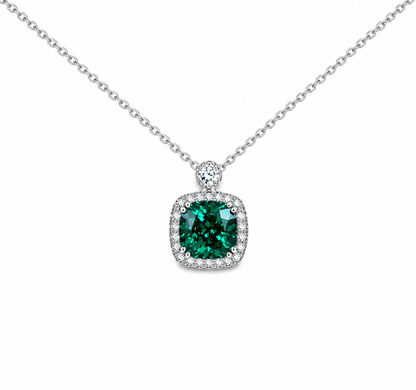 Cushion Cut Necklace / Green Emerald Necklace / Emerald And Diamond Necklace / 18"Cable Chain / 14k White gold / #6299