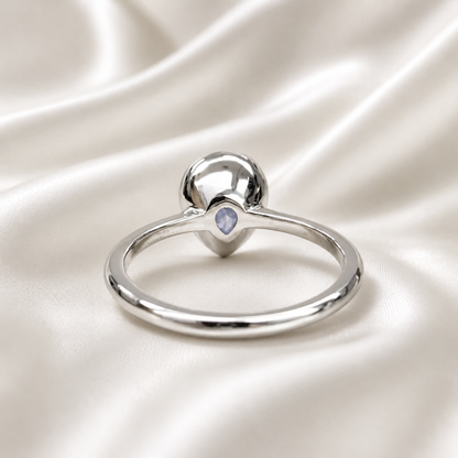 Pear shape  blue sapphire ladies ring, bezel set in 14k white gold #5860