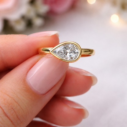 1.00 CTW Bezel Set Pear Shape Lab Grown Diamond 14K Solid Gold, East West Lab Diamond Pear Solitaire, #8874