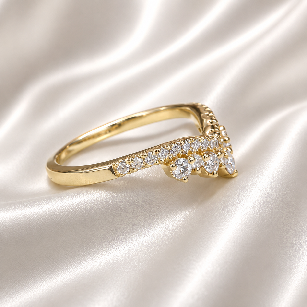 Chevron Lab Diamond Ring 14K Solid Gold , Matching Wedding Band , Unique Lab Grown Diamond Crown Stacking Ring , Ladies Pinky Ring #8838