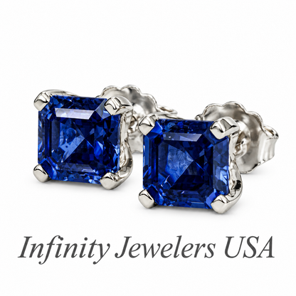 Blue Sapphire Stud Earrings 14K White Gold, Unisex Sapphire Earrings Asscher Cut, Dainty Minimal Square Studs Blue Sapphire Earrings