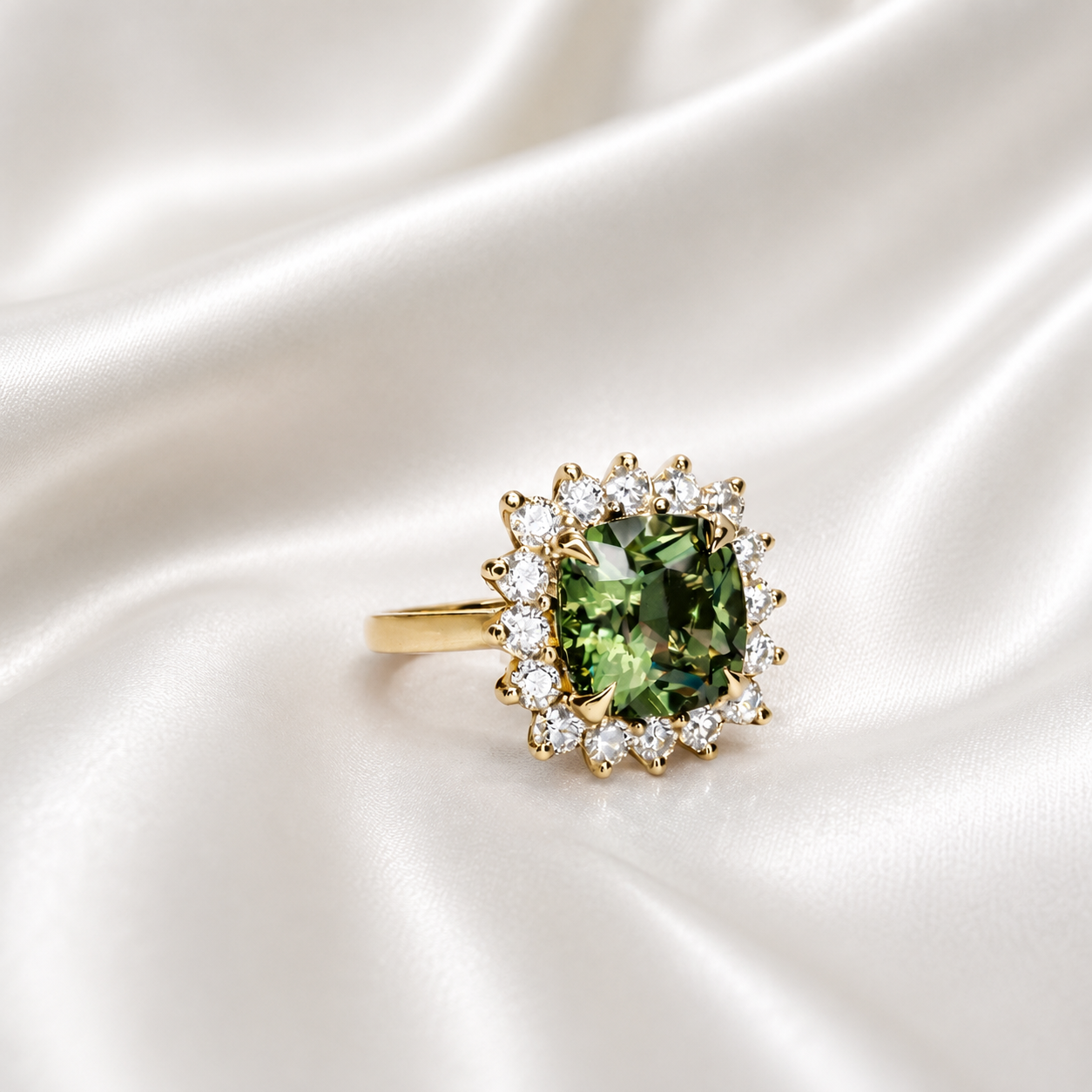 3.95 CTW Cushion Cut Olive green Sapphire Engagement Ring With Lab Grown Diamond Halo 14K Solid Gold with a Euro Shank #8852
