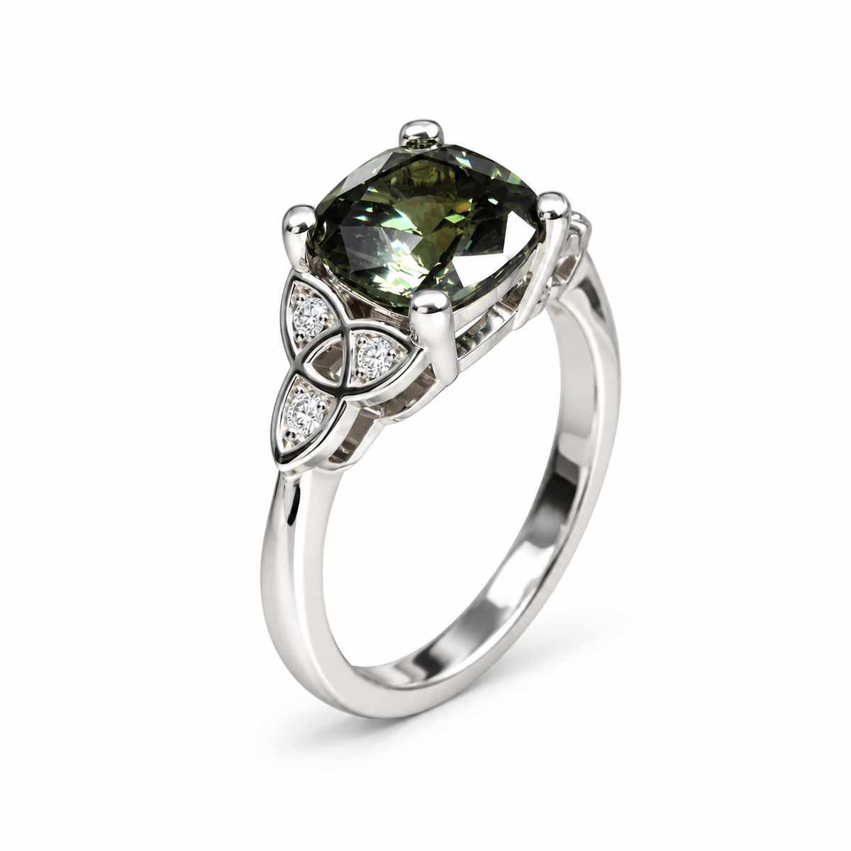 Green Sapphire Engagement Ring 14K Olive Green Cushion Cut Sapphire Celtic Engagement Ring Moissanite Celtic Gold Wedding Promise Ring #7300