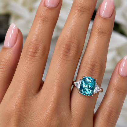 Elongated Cushion Paraiba And Moissanite Engagement Ring,   14k Gold Blue Paraiba Wedding Ring, Moissanite Ring   #6342