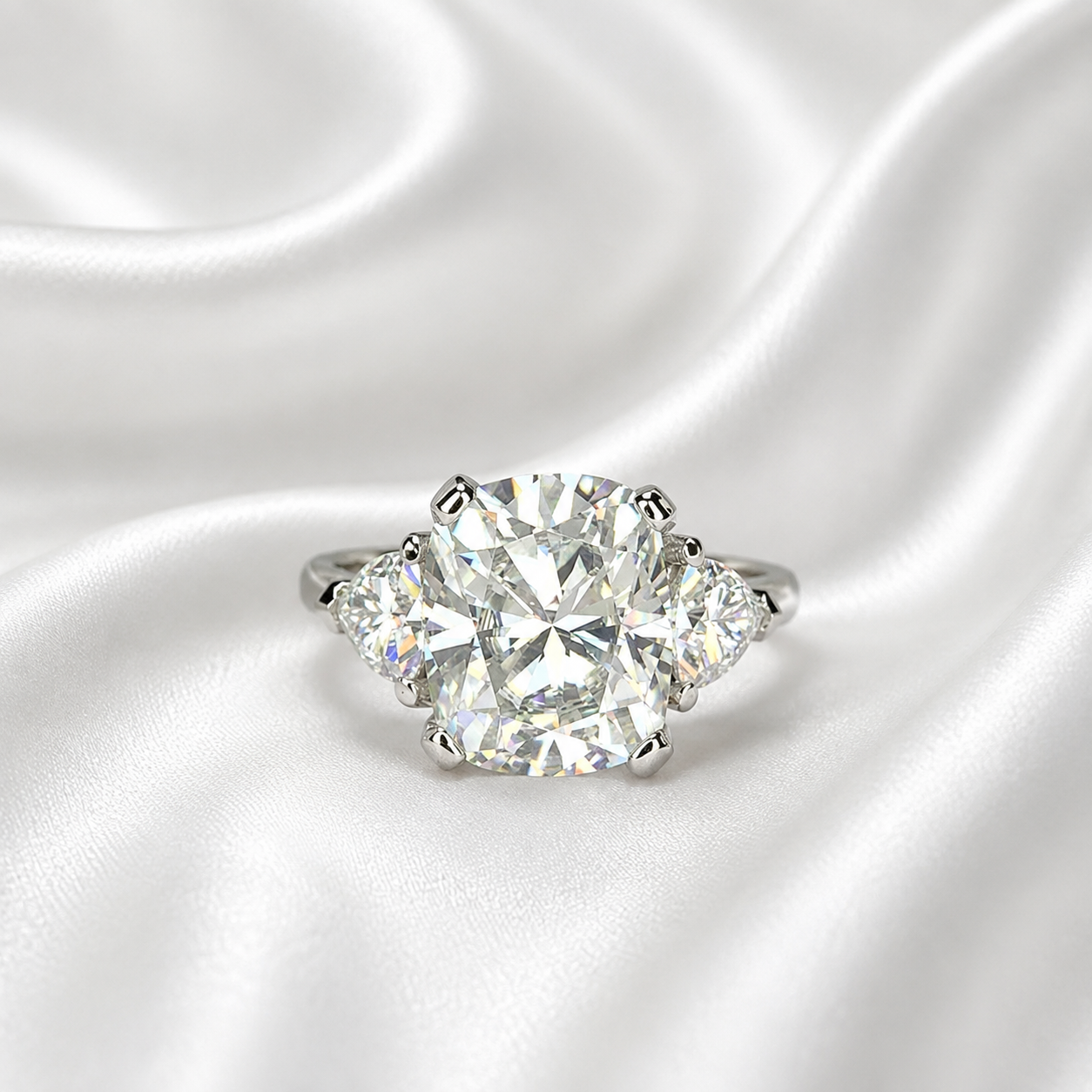 Moissanite Engagement Ring Cushion Cut, Elongated Cushion Shaped Three Stone Wedding Ring, 14k White Gold Trillion Moissanite Ring,  #5545