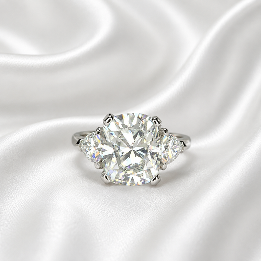 Moissanite Engagement Ring Cushion Cut, Elongated Cushion Shaped Three Stone Wedding Ring, 14k White Gold Trillion Moissanite Ring,  #5545