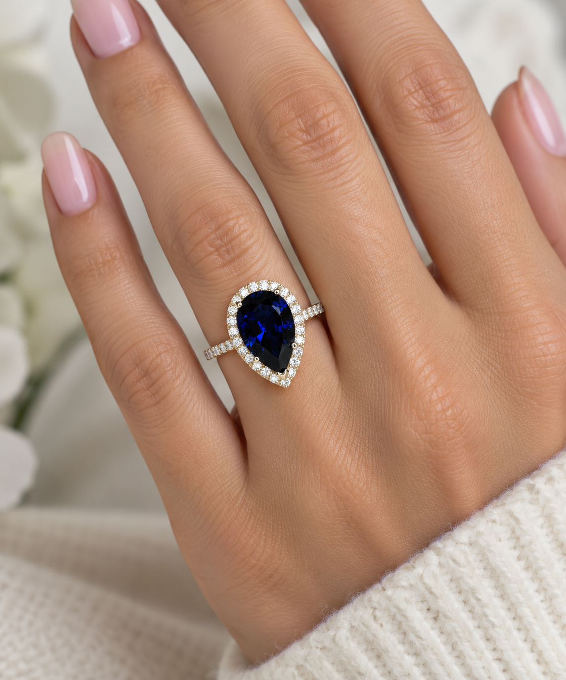 Pear Shape Blue Sapphire Engagement Ring, Blue Sapphire And Moissanite Halo Ladies Ring, 14k White Gold Sapphire And Moissanite Ring #6179