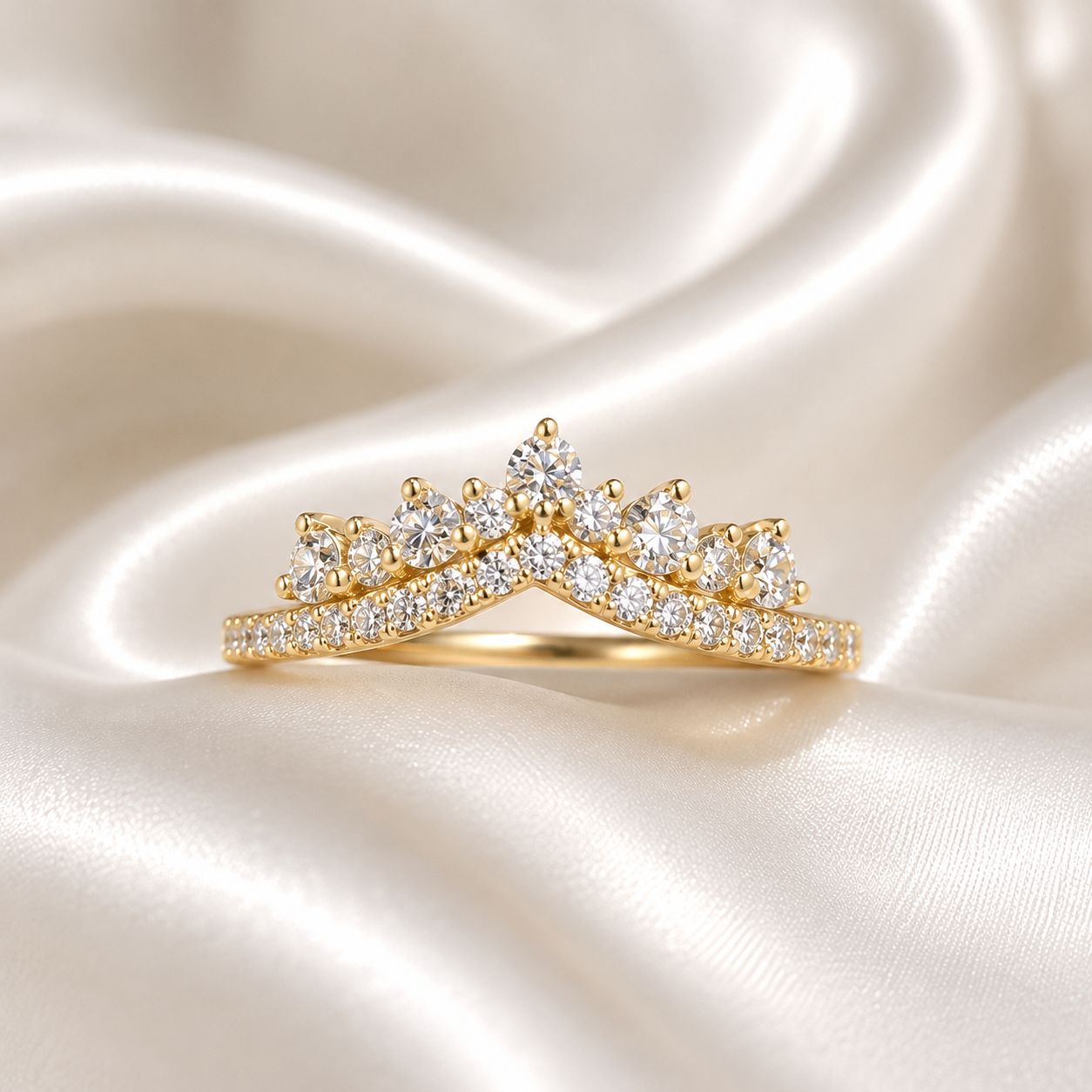 Chevron Lab Diamond Ring 14K Solid Gold , Matching Wedding Band , Unique Lab Grown Diamond Crown Stacking Ring , Ladies Pinky Ring #8838