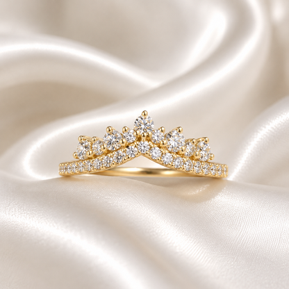 Chevron Lab Diamond Ring 14K Solid Gold , Matching Wedding Band , Unique Lab Grown Diamond Crown Stacking Ring , Ladies Pinky Ring #8838