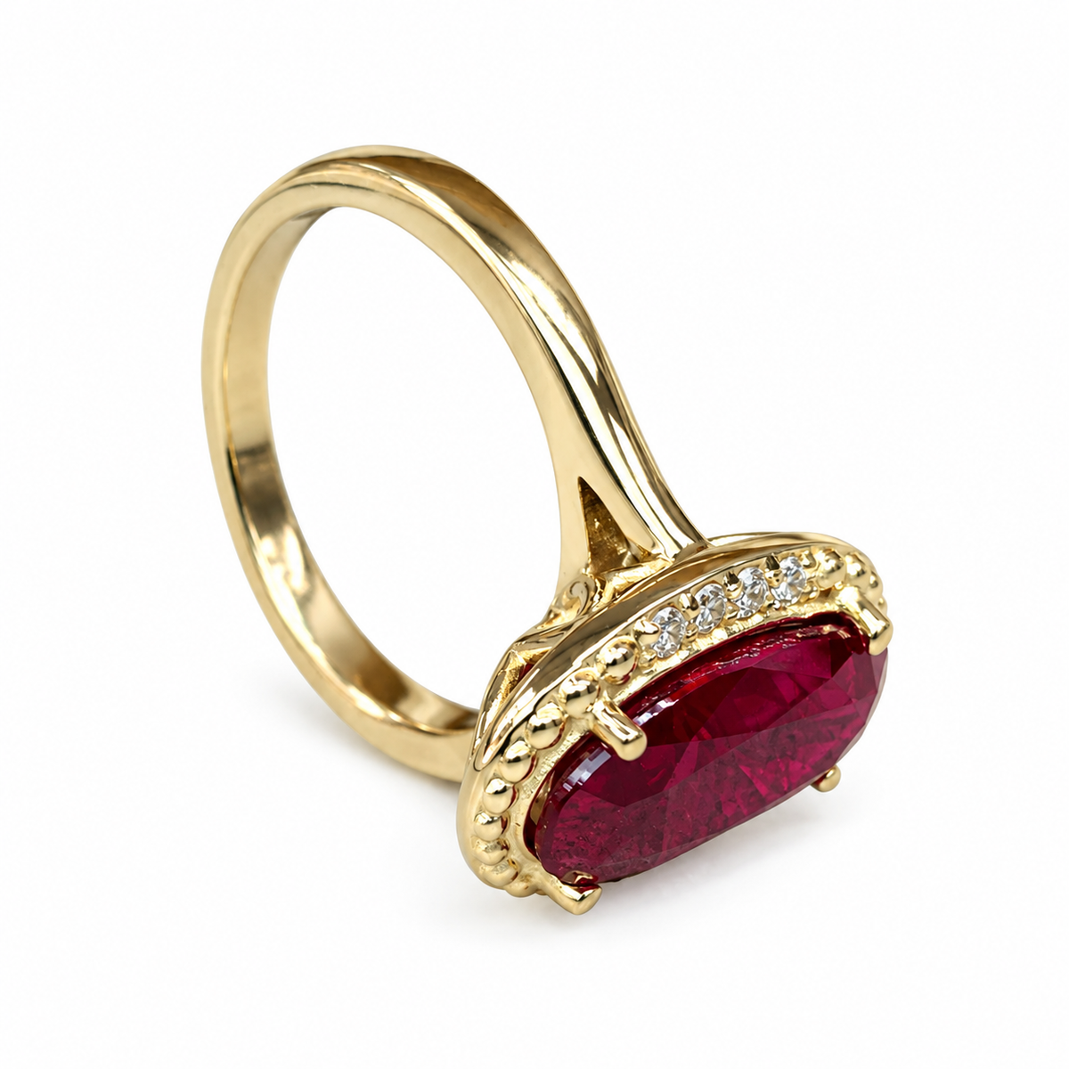 Elongated Oval Ladies Ring / Red Ruby Engagement Ring / Diamond And Ruby Wedding Ring / Anniversary Gift / 14k Yellow Gold / #6220