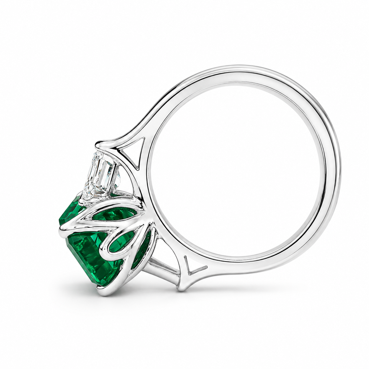 Emerald Cut Emerald Engagement Ring Moissanite Baguettes 14K White Gold  Emerald Green Emerald Cut Engagement Rings Unique Wedding Ring 7363