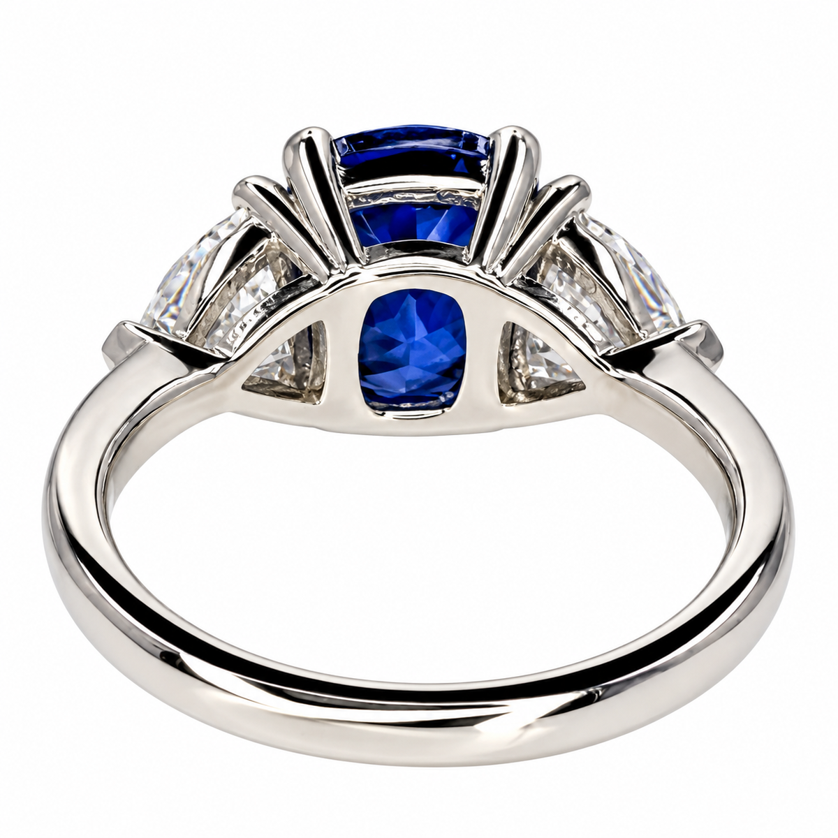 3.30. CT Elongated Cushion Cut Blue Sapphire Engagement Ring and Moissanite Trillion Accents, Blue Sapphire and Moissanite Ring  14K White Gold #6800