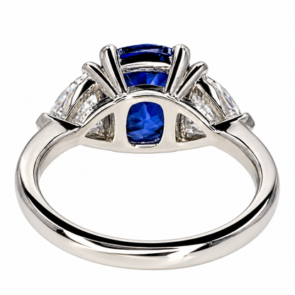 3.30. CT Elongated Cushion Cut Blue Sapphire Engagement Ring and Moissanite Trillion Accents, Blue Sapphire and Moissanite Ring  14K White Gold #6800