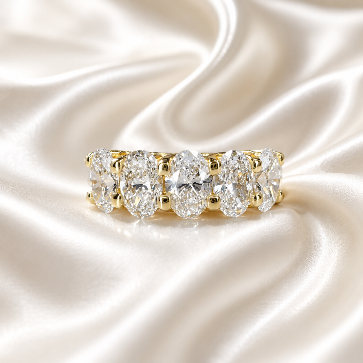 Lab grown diamond wedding band, Lab created diamond half eternity band 14k solid gold, 5 stone oval cut diamond ring, cvd diamond ring