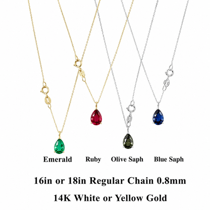 10K Gold Emerald Necklace , Pear Shape Emerald Pendant , Teardrop Emerald Pendant Necklace with Chain , May Birthstone Jewelry , #8846