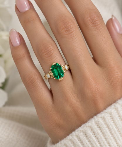 Emerald cut emerald with natural diamonds vintage style engagement ring, 3.50ctw, 14k yellow gold #5995