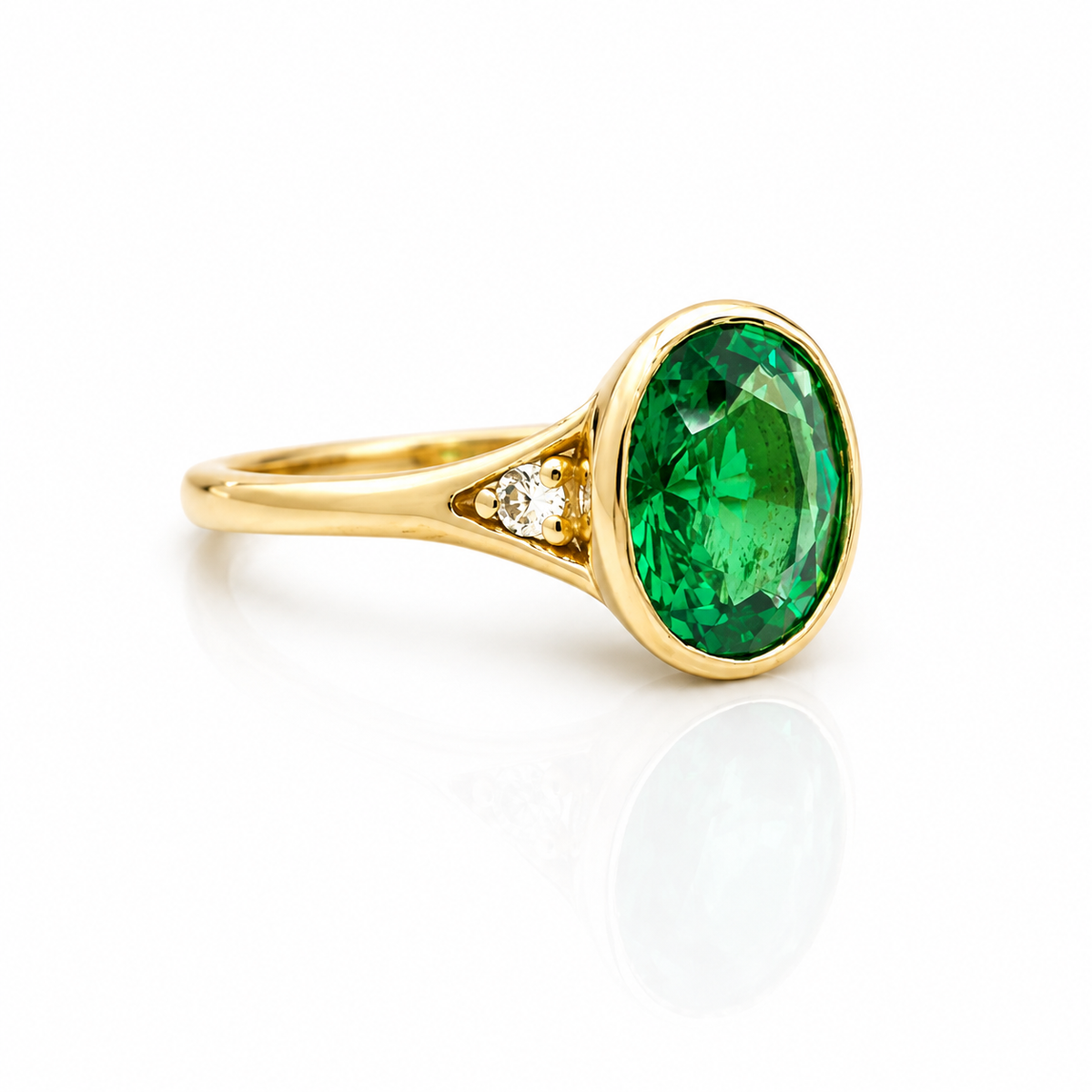 Emerald Ring, 14K Gold Emerald and Diamond Ring, Oval Cut Bezel Setting Emerald Ring, Modern Engagement Ring, May Birthstone Ring #8837