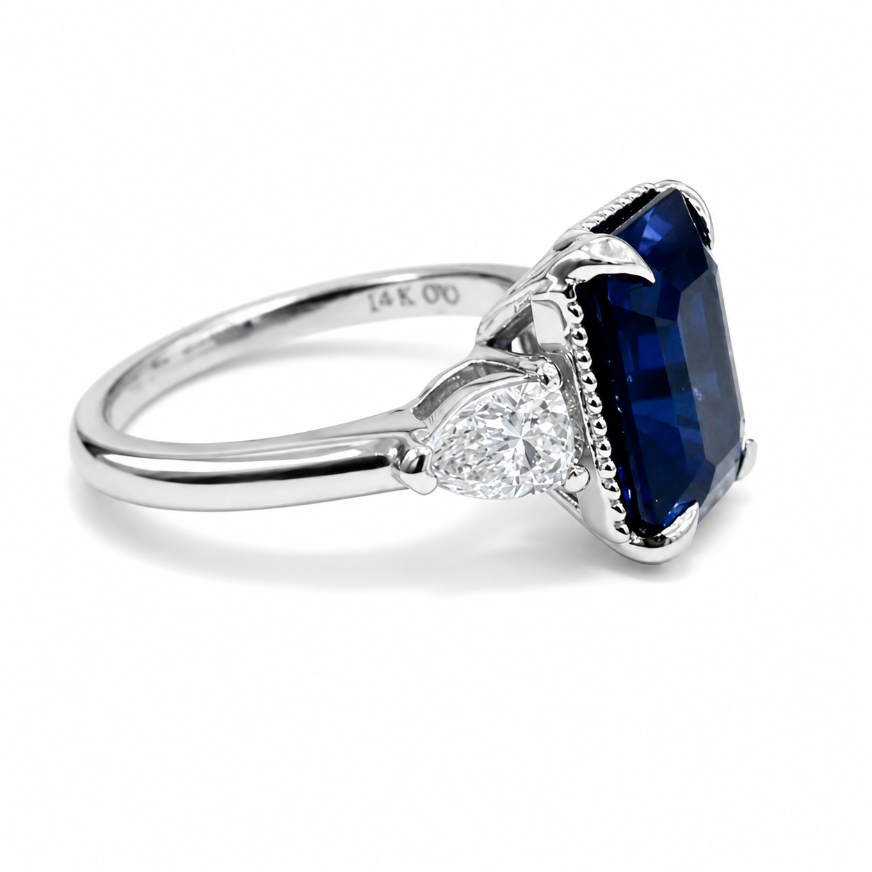 Emerald Cut Blue Sapphire Engagement Ring, Pear Lab Grown Diamonds, 14K Gold #8857