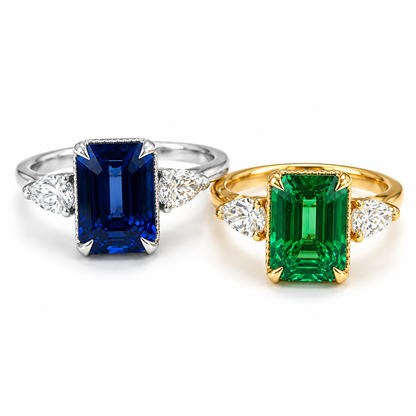 Emerald Cut Emerald Engagement Ring with Pear Shape Lab Grown Diamonds 14K Solid Gold , May Birthstone Ring , Trendy Ring #8857