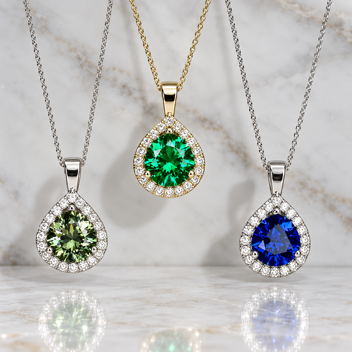 Teardrop Pendant Necklace 14K Solid Gold, Pear Shaped Olive Green Sapphire and Moissanite Pendant Necklace, Birthstone Gem Necklace,  #7917