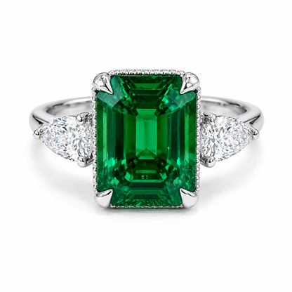 Emerald Cut Emerald Engagement Ring with Pear Shape Lab Grown Diamonds 14K Solid Gold , May Birthstone Ring , Trendy Ring #8857
