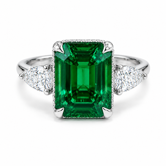 Emerald Cut Emerald Engagement Ring with Pear Shape Lab Grown Diamonds 14K Solid Gold , May Birthstone Ring , Trendy Ring #8857
