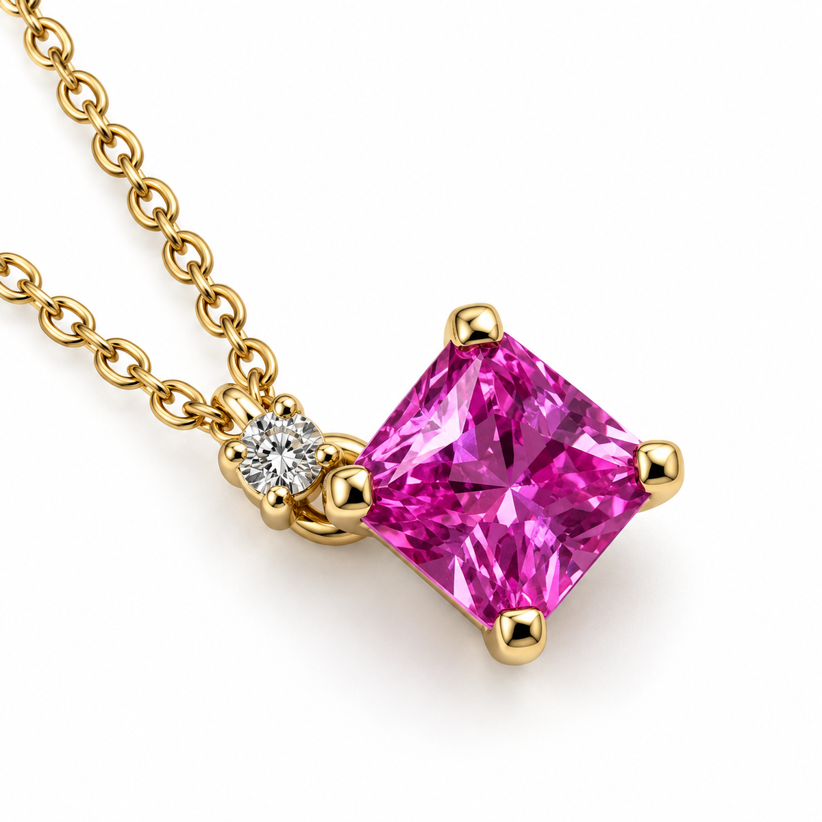 Pink Sapphire and Diamond Pendant Necklace 14K Yellow Gold, Radiant Cut Pink Sapphire Necklace, Dainty Necklace, October Birthstone,  #6476