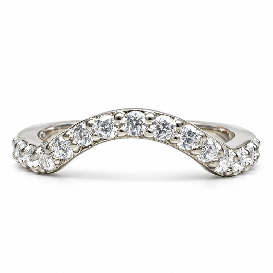 Round Cut Pave Diamond Wedding Band For Women, Curved Matching Band Diamond Wedding Ring, 14k Gold Moissanite Curved Anniversary Ring  #7478